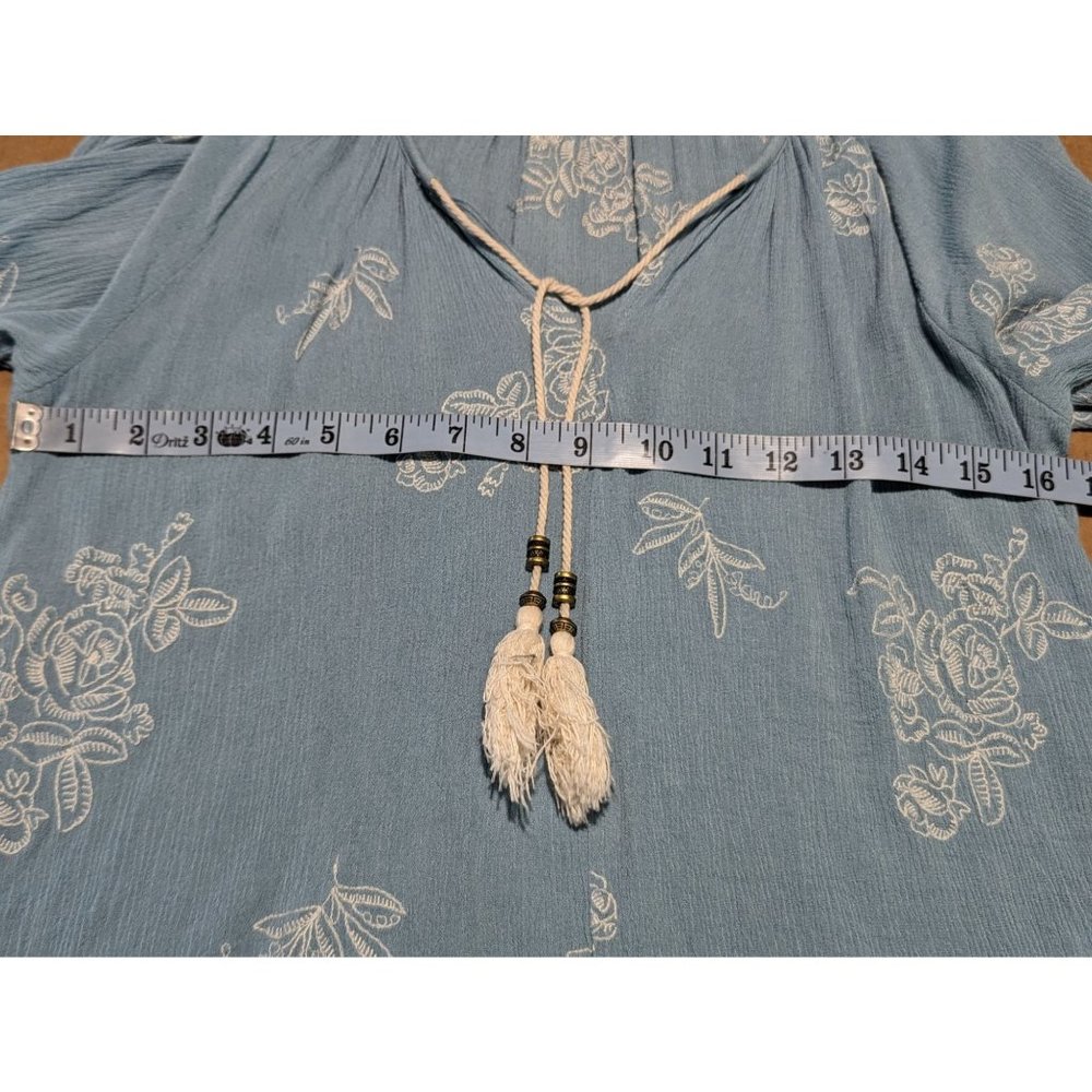 Obsessive Love baby blue Embroidered Floral boho tassel peasant Tunic top S - Picture 7 of 9